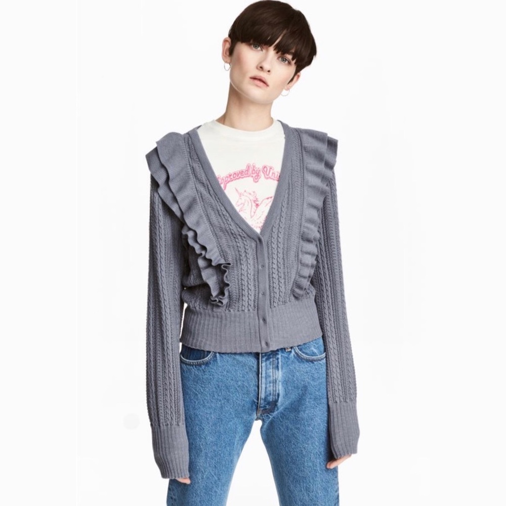 H&M Gray Ruffle V-Neck Button Cardigan - Picture 1 of 8